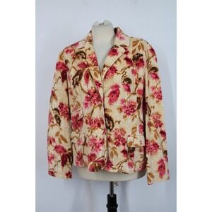 J Jill LP Brown Pink Floral Snap Front Cotton Stretch Corduroy Blazer Jacket